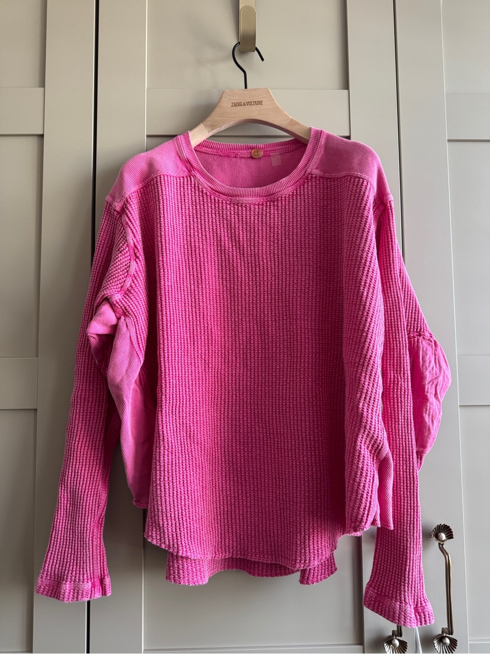 Free people Thermal Tee S/M Bright Pink Waffle Knit Long Sleeve Top